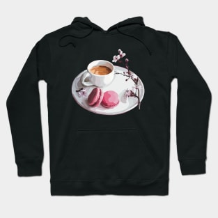 Espresso coffee with two vibrant pink macaroons with a cherry blossom stem Hoodie